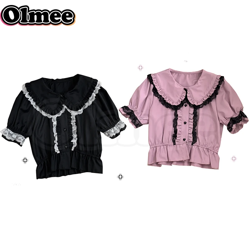 [Olmee] In Stock Jirai Kei Biscuit Girl Lace T Shirt Short Top Cosplay Sweet Ryousan Gata Lolita Mine Style y2k Black Pink Layer