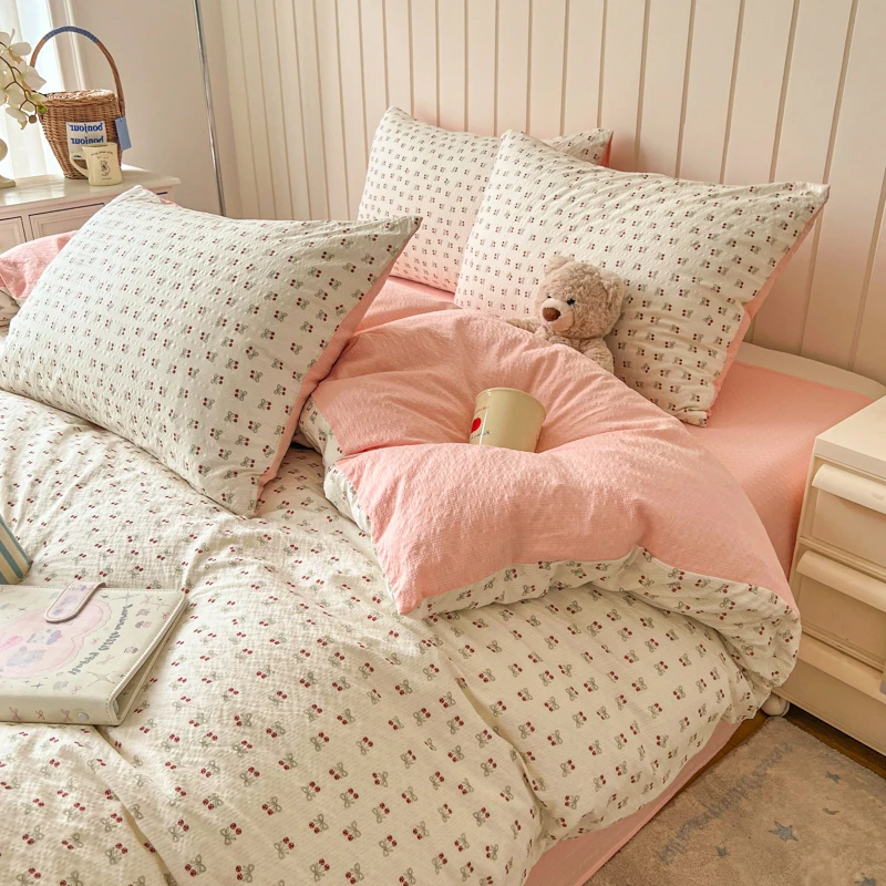 Cherry Print Microfiber Bedding Set, 1 Duvet Cover 1 Flat Sheet 2 Pillowcases, Soft Breathable Bed Linen Set, for Bedroom, Dorm