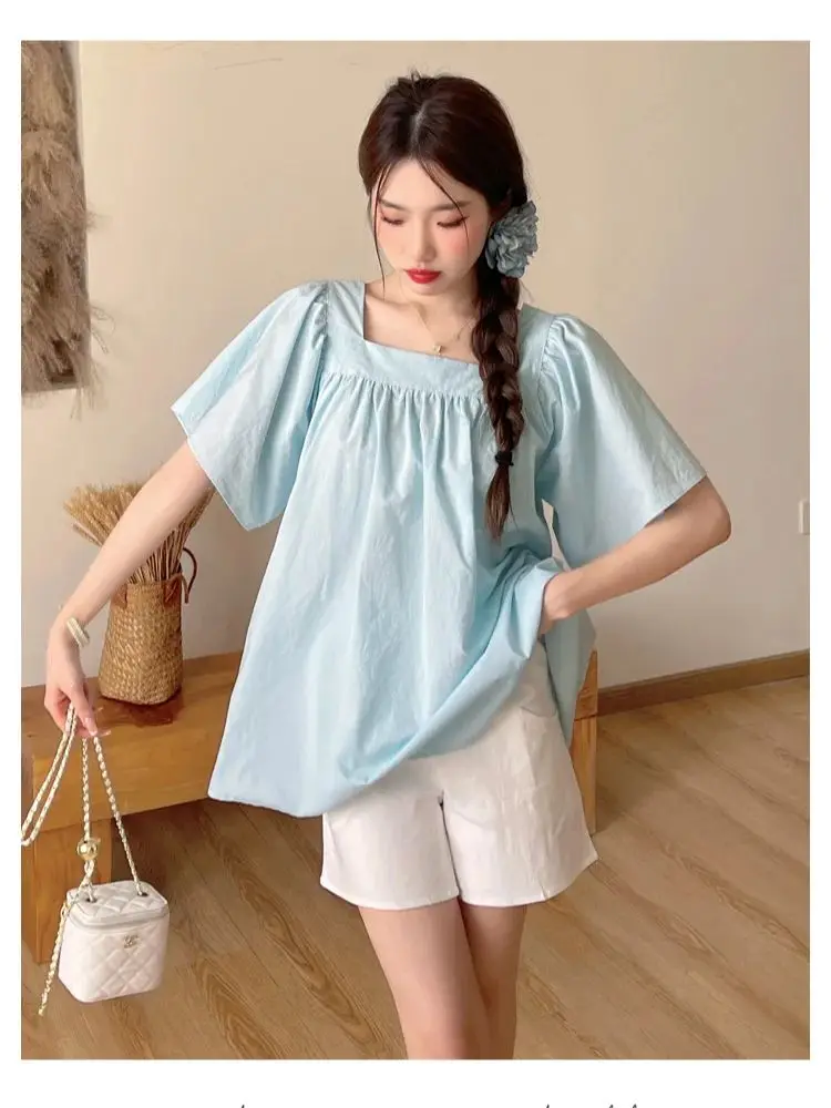 

Summer Pregnant Women Clothes Set Sweet Short Flare Sleeve Square Collar Loose Top Blouses Belly Shorts Two-piece Set Cute Suits