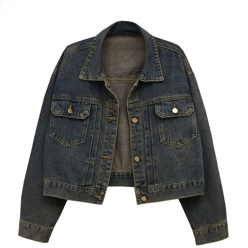 

Vintage high waist denim jacket women's Outwear 2024 Autumn New Fashion Loose Joker Hong Kong Jeans Coat Tops Street Clothes