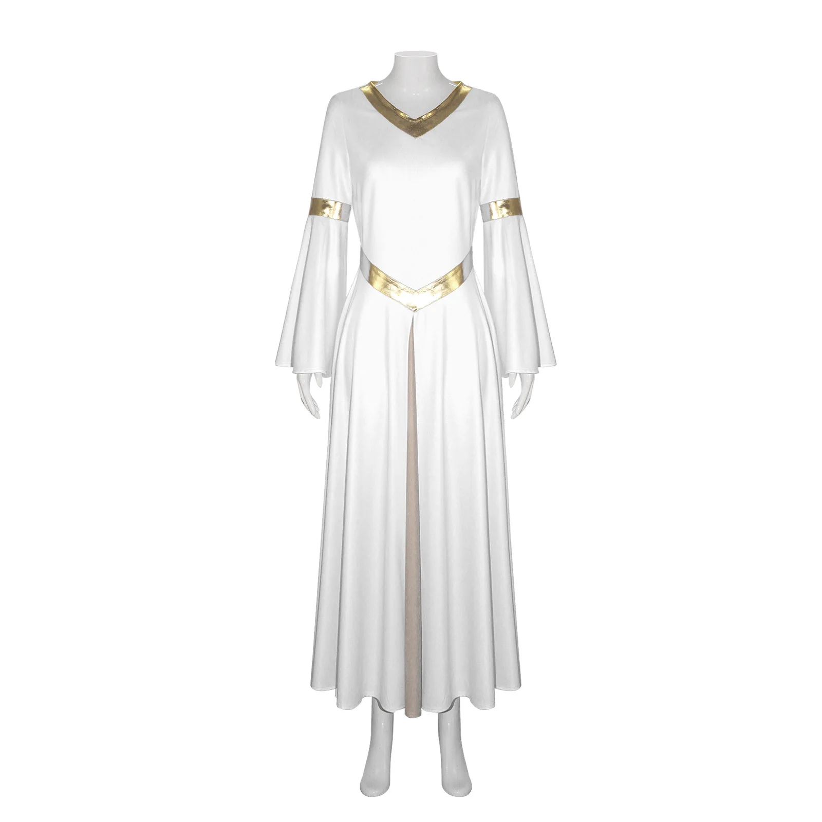 Gold-trimmed V-neck Flared Sleeve Long Sleeve Church Dress Cosplay Costume Halloween Masquerade Carnival Party Outfits for Women