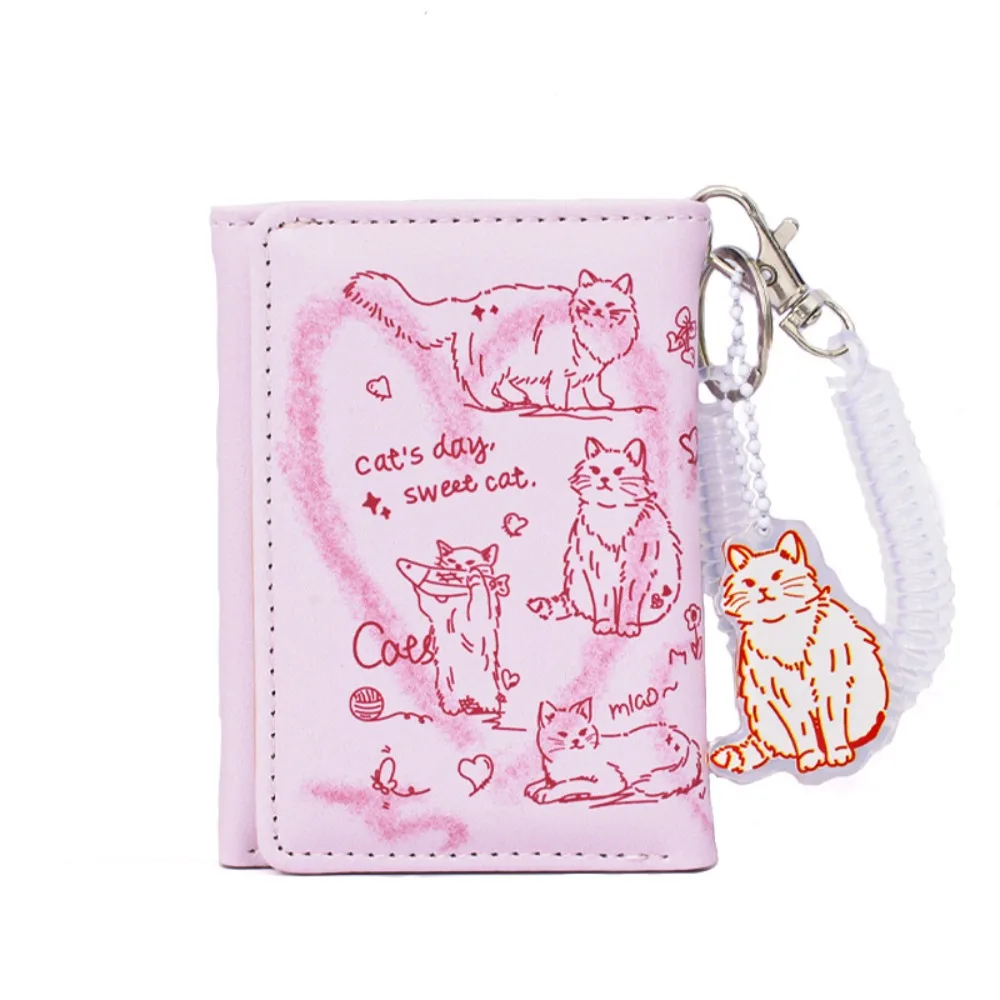 Cute Graffiti Cat Short Wallets PU Leather With Wrist Straps Money Bag Anti Thief Cat Pendant Coin Purse Girl