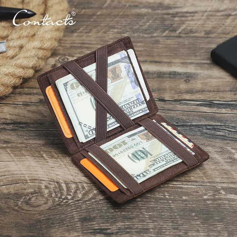 CONTACT'S Genuine Leather Card Holder Magic Wallet Slim Bifold RFID Male Small Wallets Zipper Coin Pocket Mini Purse Money Clip