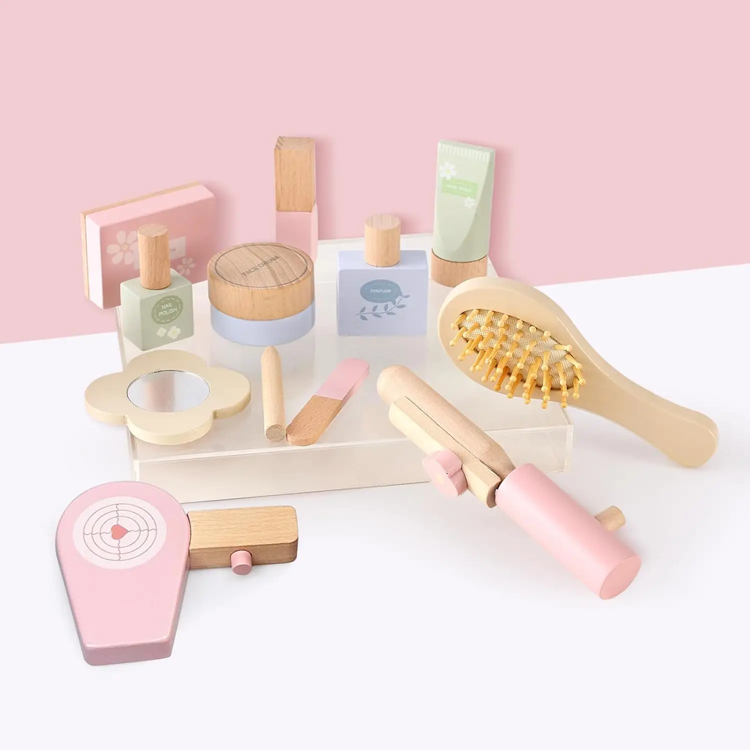 Holz Waschtisch Spielzeug für kleine Mädchen, Kinder Schönheits salon Spielset mit Zubehör 15 stücke, so tun, als spielen Kleinkind Make-up-Kit ta