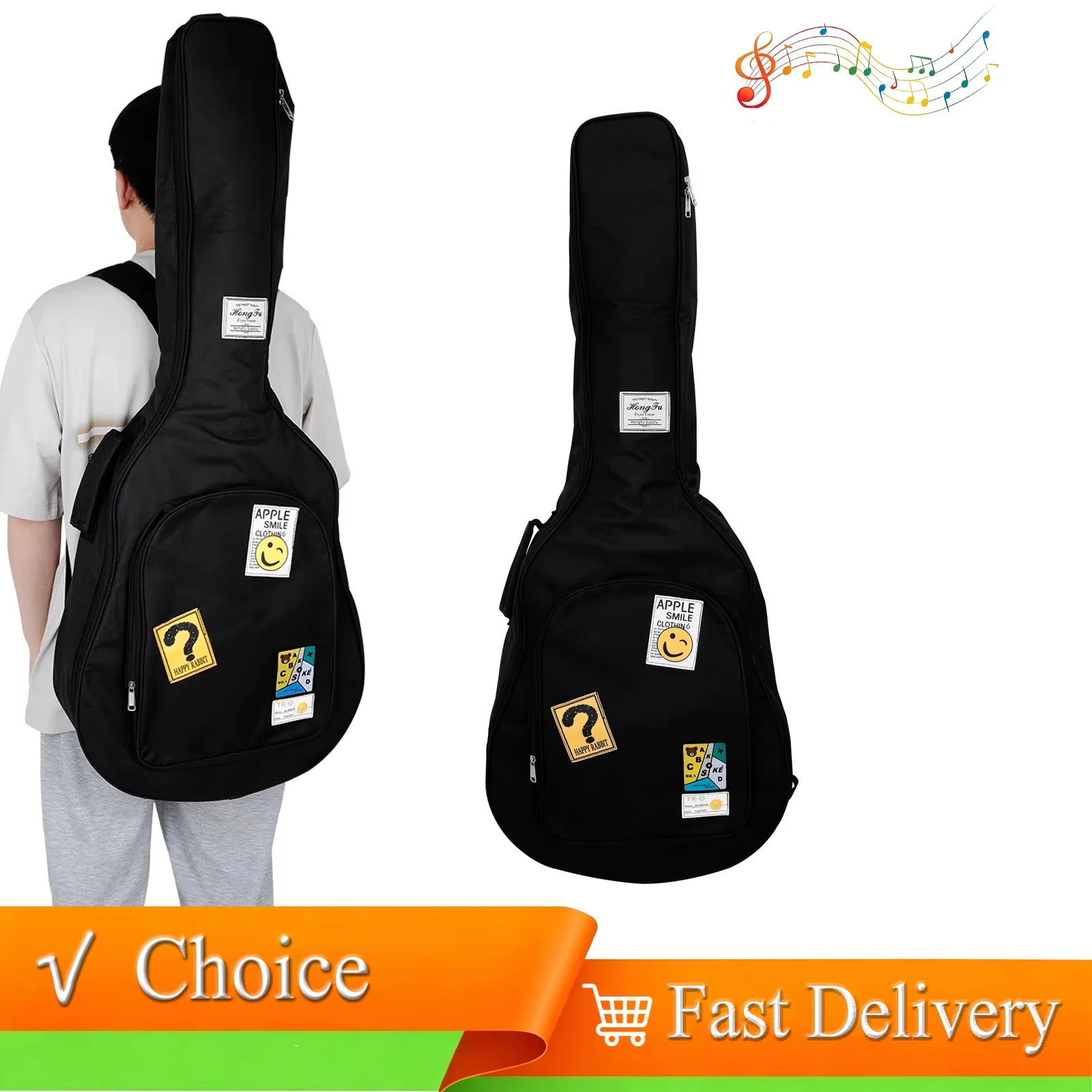 41 Inch Guitar Backpack Oxford Cloth Storage Bag Smile Pattern Guitar Carry Case for Transport Band Practice Outdoor Performance