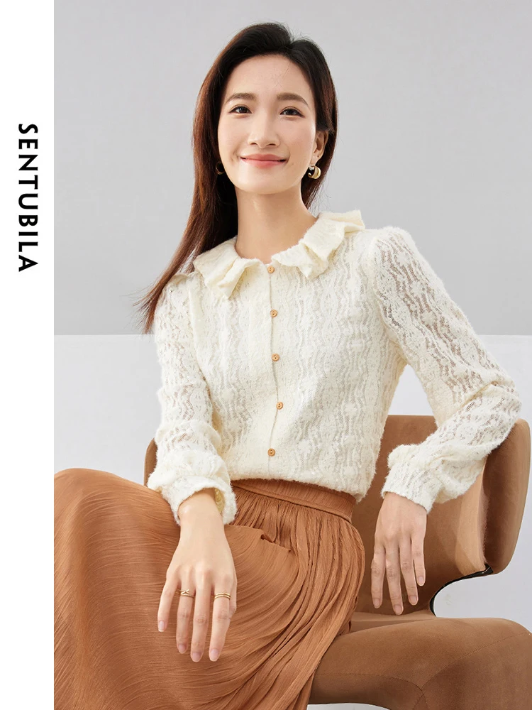 SENTUBILA Ruffled Sequins Lace Shirts for Women 2024 Spring Autumn Elegant Tops Comfortable Button Up Shirts Blouses 141S52756