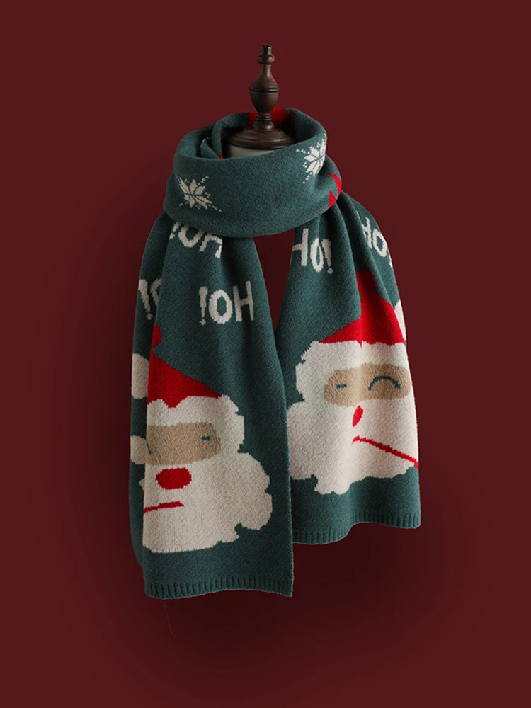 Red Christmas Scarf for Women Autumn and Winter Knitted Scarf Cartoon Pattern Thickened Warm Fashion Shawl