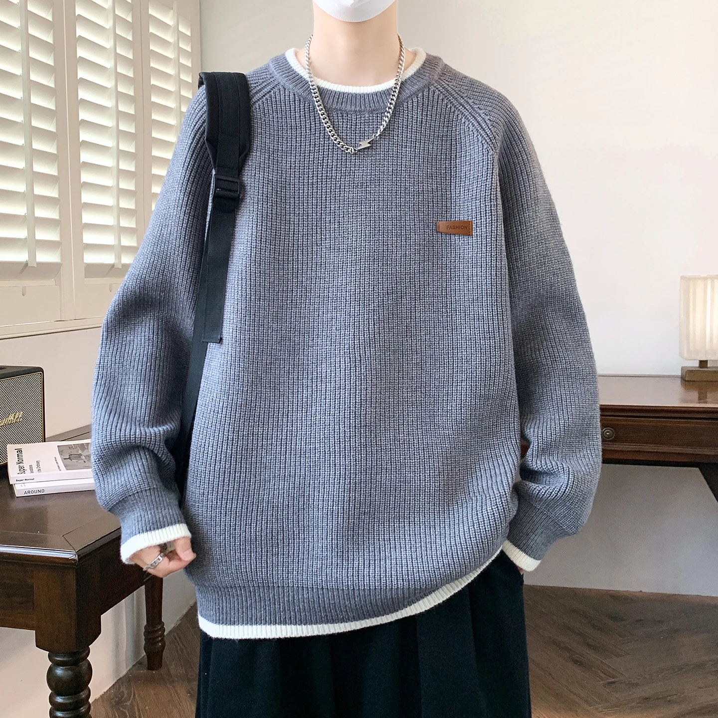 

Men's Autumn Winter Thiened Loose Knitted Sweater Pure Color Base Layer Casual Sle Warm Top Quali Material Comfortable Fit