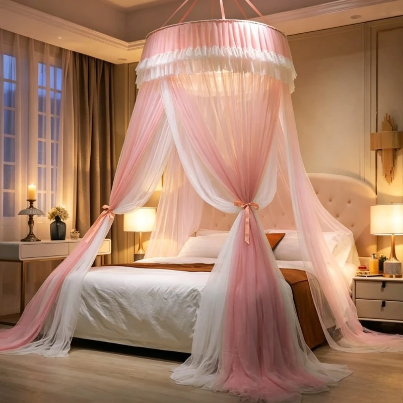 Gradient Pink & White Princess Canopy – Double Layer, Ruffled Trim, Romantic Style, Fits Standard Beds, Easy Install