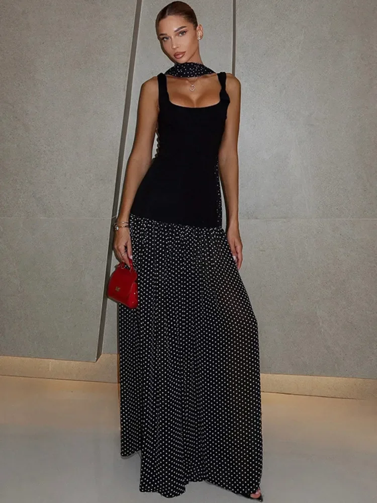 

Polka Dot Backless Sexy Maxi Dress Women Black Halter Patchwork Sleeveless High Waist Bodycon Club Party Long Dresses