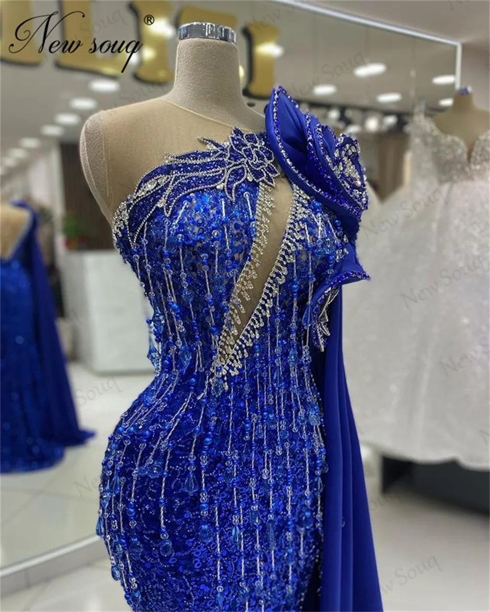 Aso Ebi Royal Blue abiti da sera una spalla abito di fidanzamento cristalli arabi nappa sirena abiti da festa di nozze Cocktail