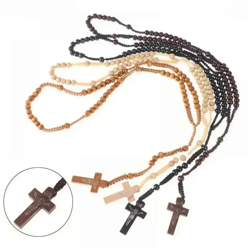 New Jesus Christ 9mm Natural Wood Beads Cross Pendant Braided Rope Rosary Beads Necklace For Religious Orthodox Prayer Jewelry