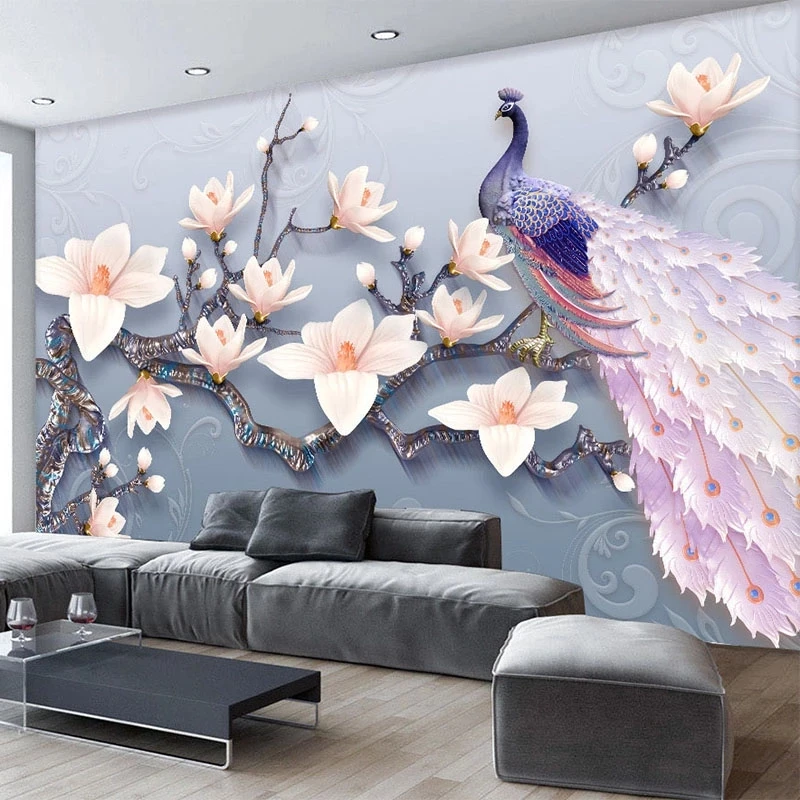 Customized Wallpaper 3D Relief Magnolia Peacock Flower Mural Living room sofa TV background wall bedroom restaurant wall fabric