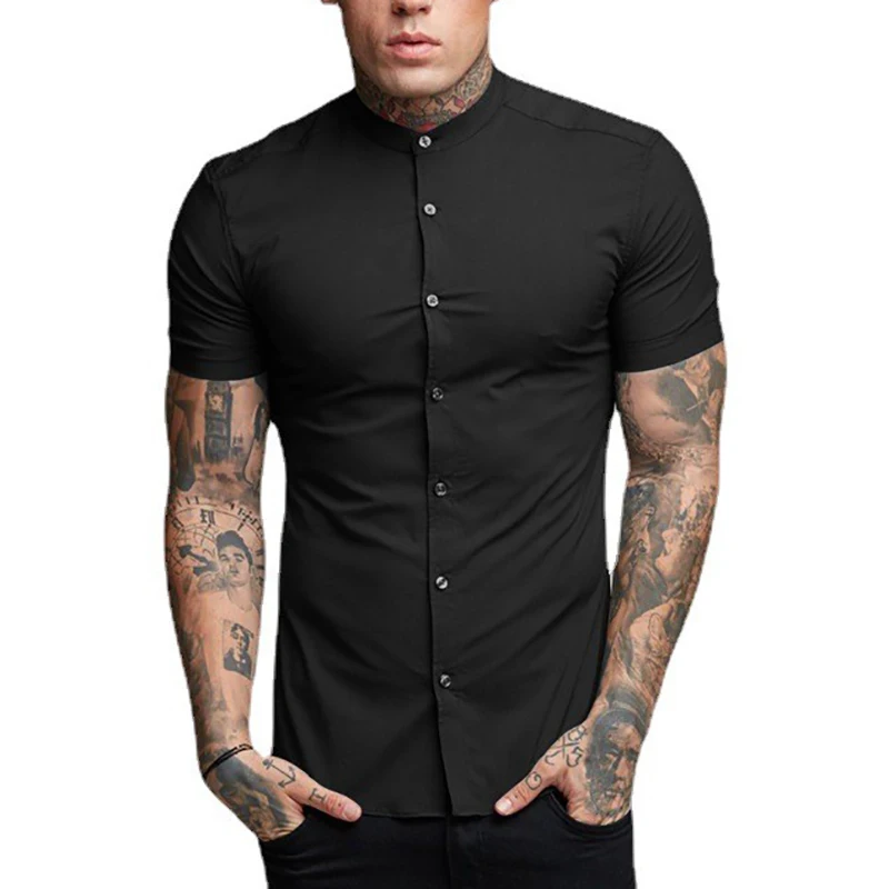 New Fashion Summer Casual Short Sleeve Shirt Men Stand Collar Super Slim Fit Business Dress Shirt Mens Button Gym Fitness Tops