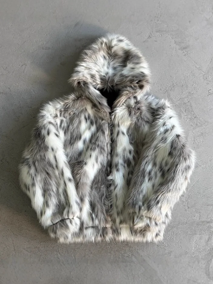 

Мужские куртки с леопардовым принтом из искусственного меха с капюшоном, уличная одежда большого размера, мужские зимние пальто, женское пальто на молнии Y2k