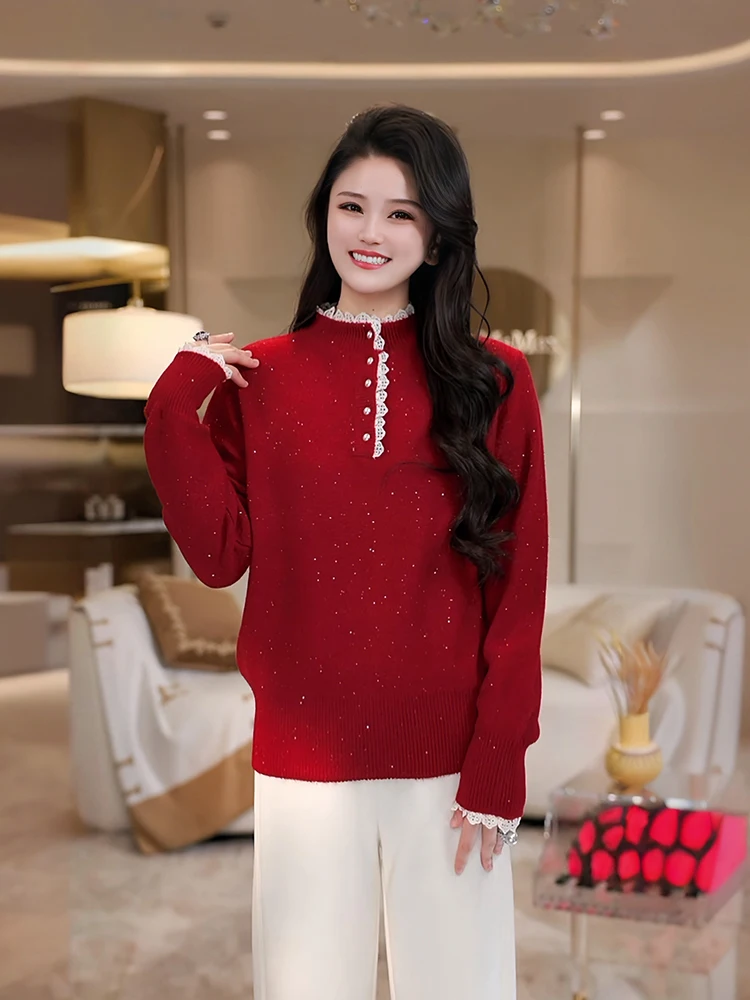 

Red Woolen Knitted Sweater Women's Spring Autumn Ruffle Collar Inner Wear Outerwear Casual Sle Soft Comfortable Long Sve