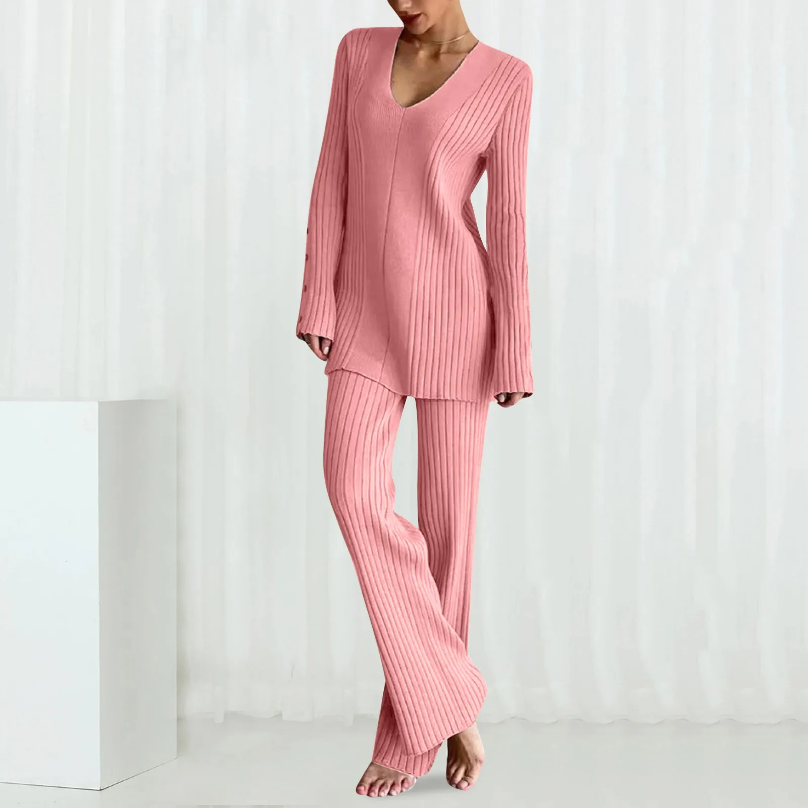 Knitted Sweater Suit V Neck Top Wide Leg Pants Two Piece Suit Sets Sold Slim Sets Autumn Fashion Woman Causal Warm Suit Clothes