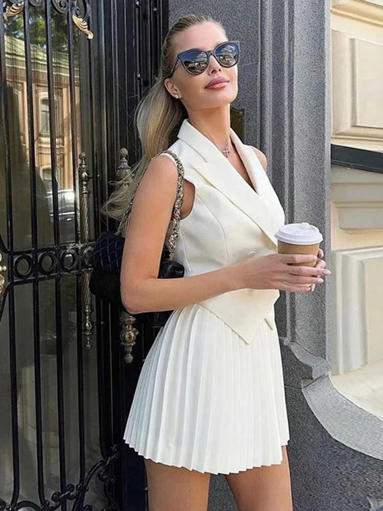 2024 Summer Elegant Vest Skirt Suit Women V-neck Double Breasted Irregular Vests Pleated Skirts Suits 2024 Summer Lady Outfit