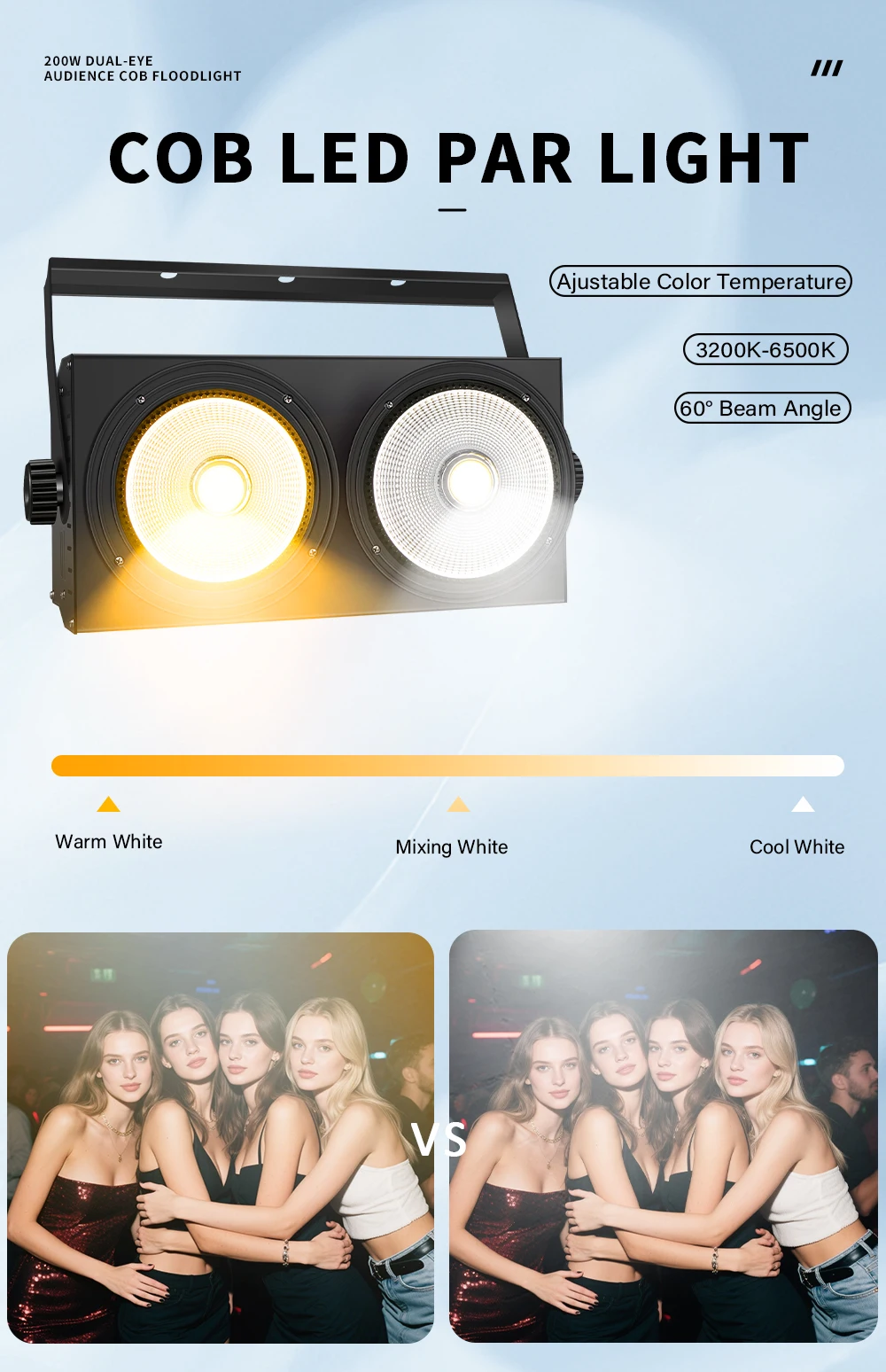 2 Stück 2COB Wash Par Licht 2x100W Einstellbare Geschwindigkeit Stroboskop-Licht LED 2IN1 Kalt-Warmweiß Beleuchtung Party Bar DMX Bühnenbeleuchtung – Detail 5