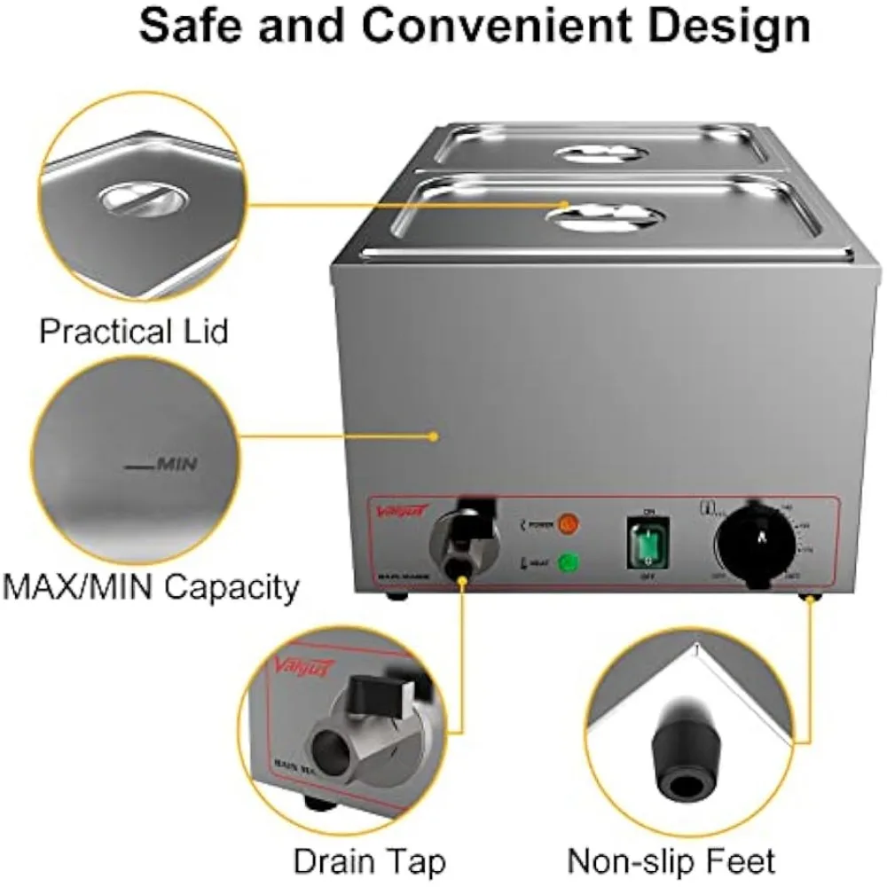 Commercial Grade Stainless Steel 2 Sections 19 Qt Bain Marie Buffet Food Warmer Steam Table with Lid and Tap