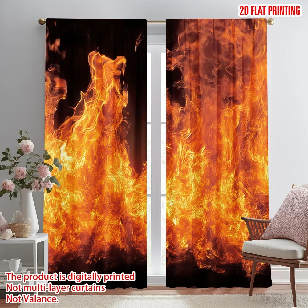 

2D flat printing 2pcs Window Curtains Flaming Fiery Flames Digital Printed Polyester Drapes Birthday Party Use for Holiday