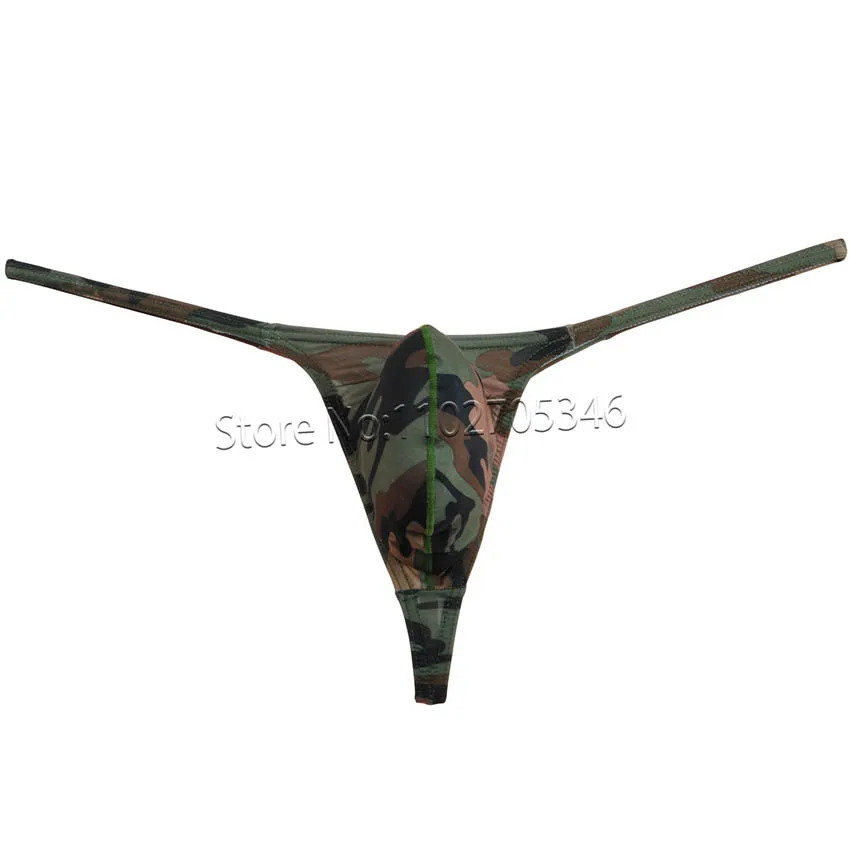 Tanga Sexy de camuflaje para hombre, ropa interior elástica, bolsa, realza el bulto, parte trasera en T