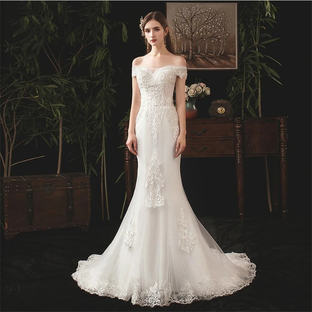 

4041 Off-Shoulder Sweetheart Appliques Crepe Sleeveless Mermaid Wedding Dress Elegant Lace Up Back Floor Length Bridal Gown