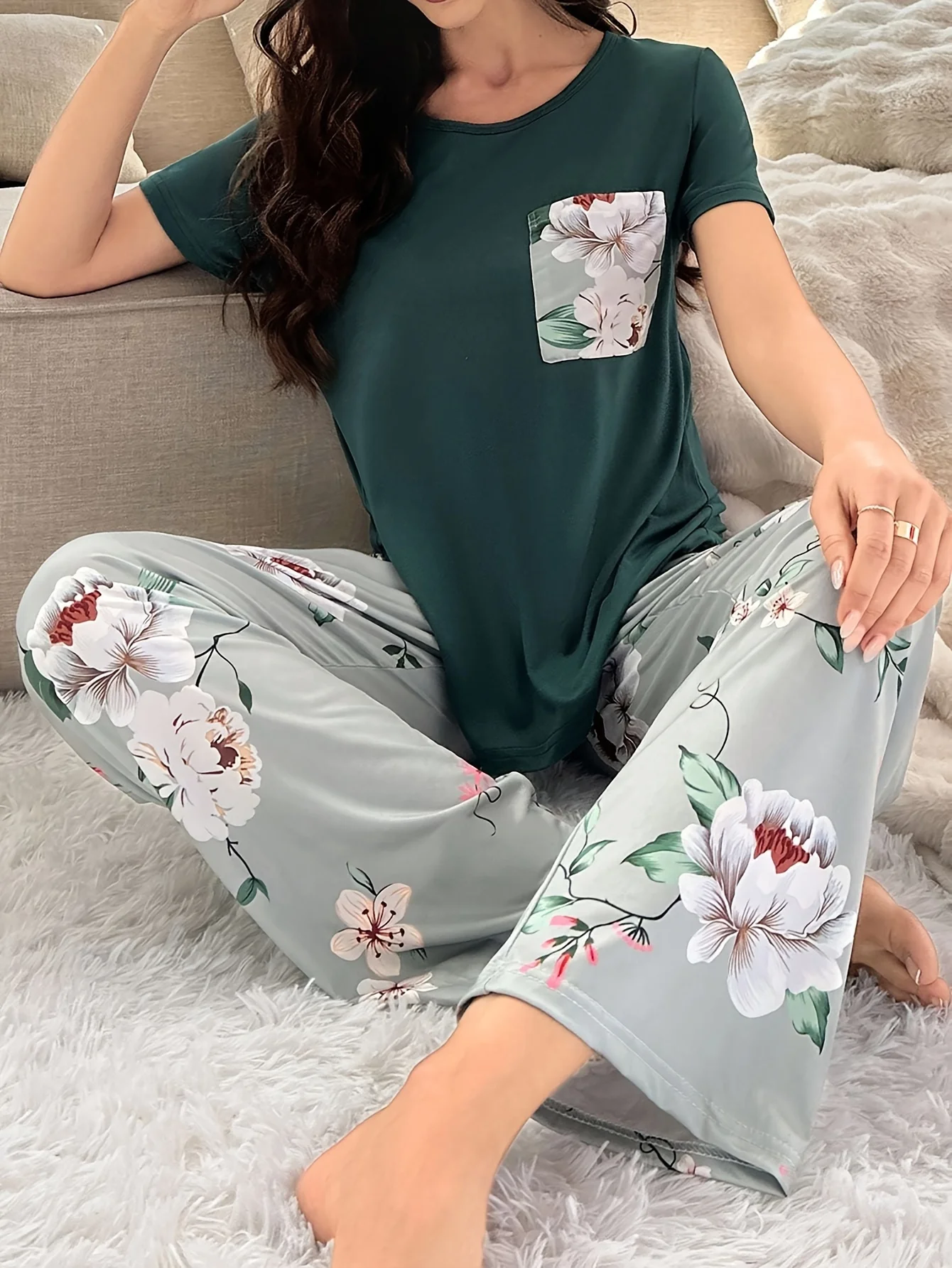 Printed trousers+pocket short-sleeved shirt pajamas set