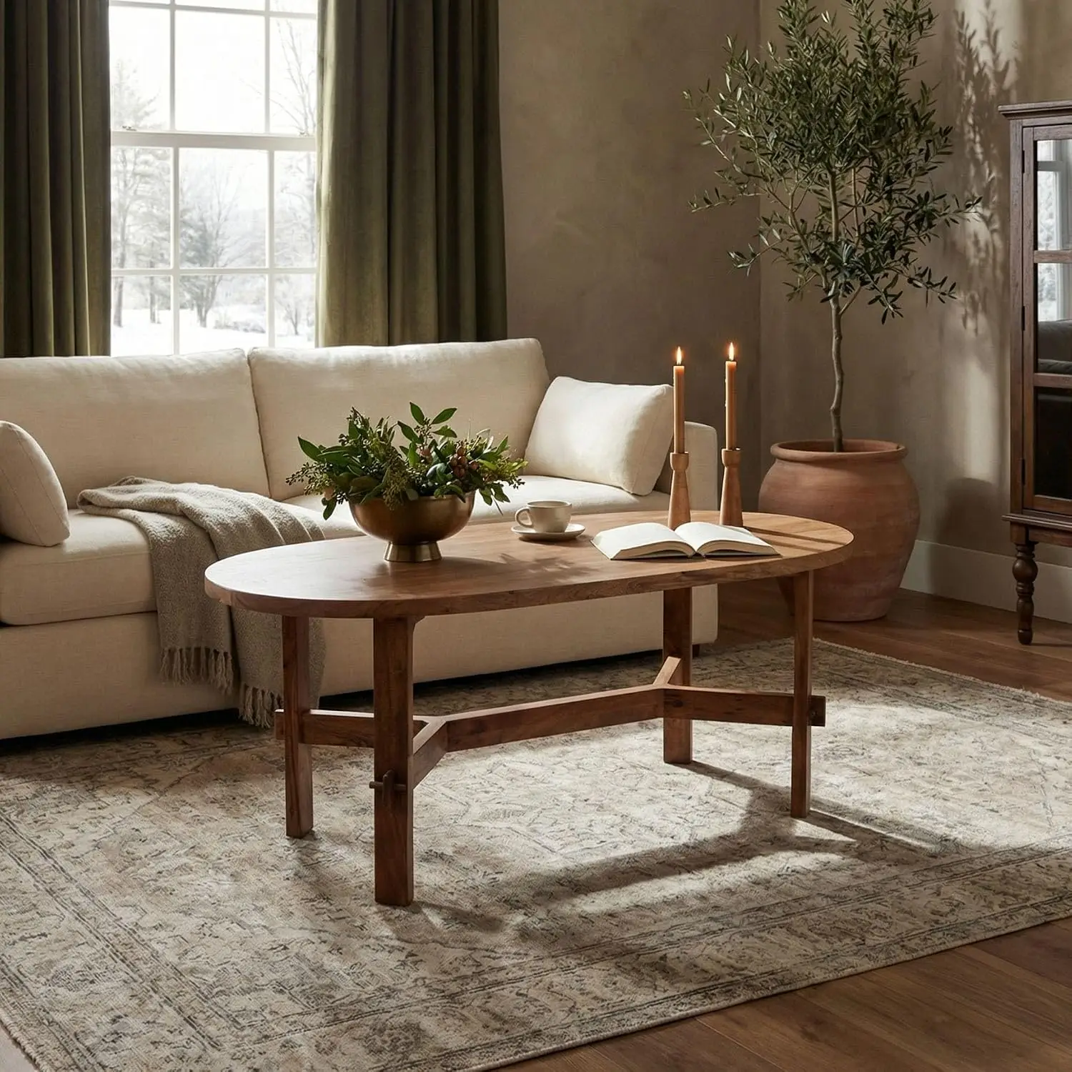 Brown Oval Coffee Table Acacia Wood 45-inch Farmhouse Living Room X-base Handcrafted Design, Customized