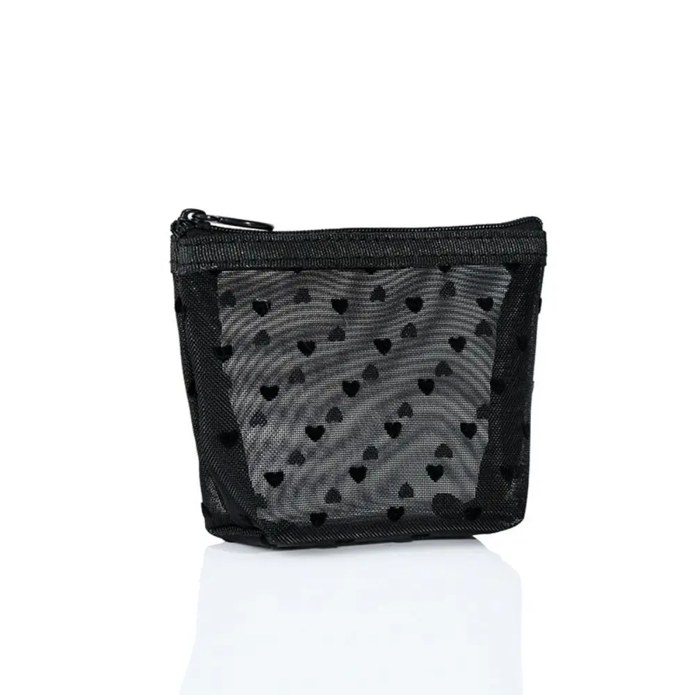 Portable Wave Point Love Heart Mesh Makeup Bag Large Capacity Zipper Transparent Cosmetic Bag Storage Bag Organizer Case Travel