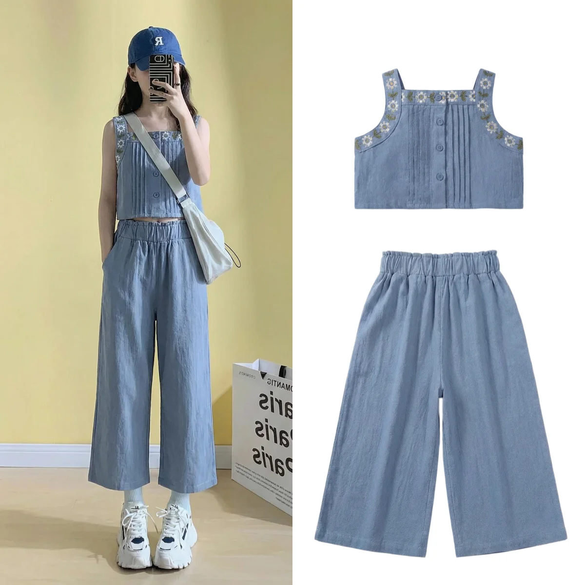 

Новый летний комплект в корейском стиле для девочек 3-7 лет: модный повседневный костюм с вышивкой цветами, топ-майка с оборками + широкие брюки, комплект из двух предметов