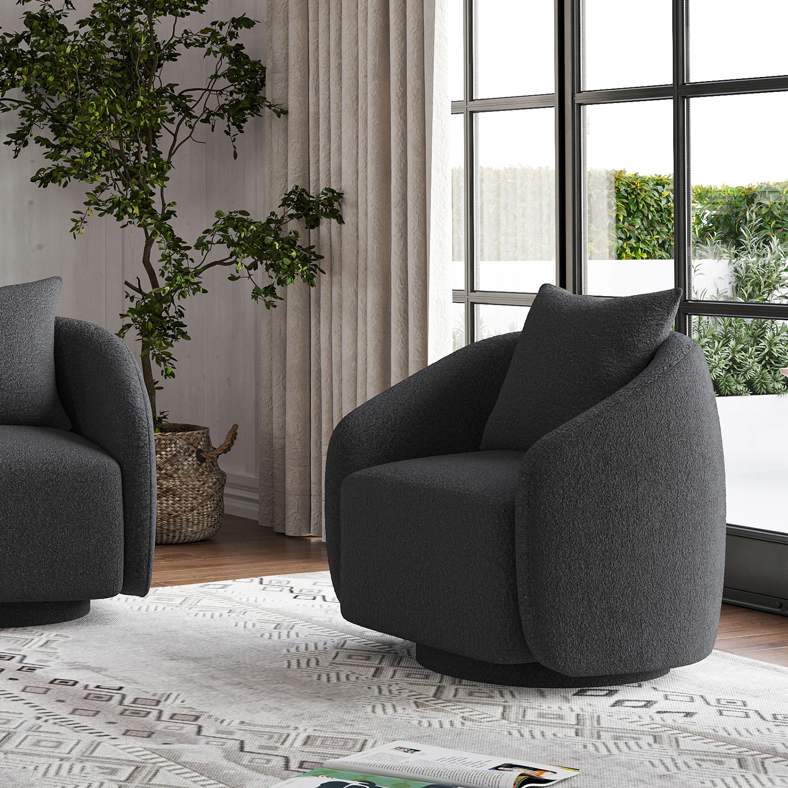 Swivel Accent Chair, Barrel Armchair with Back Pillow & Wood Frame for Living Room, Bedroom, Office
