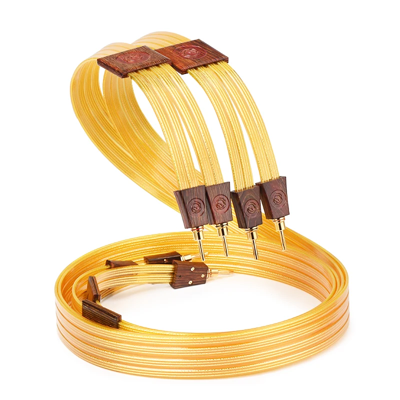 Hi-End Gold Ribbon Serie Een Paar Hifi Speaker Audio Kabel Occ Verzilverd Met Banaan Y Plug Kabel Voor Versterker Speaker
