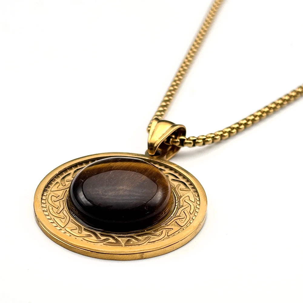 Witch Celtic Irish Knot Tiger Eye Stainless Steel Gold Color Round Pendant Necklaces for Women Men Natural Stone Chain Jewelry - view 5