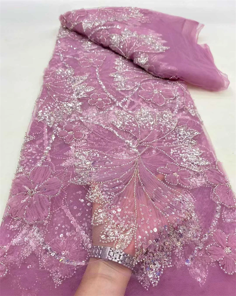 2025年アフリカナイジェリアファッション、ビーズ刺繍レース、高級フランススパンコールネットレース生地、ウェディングパーティードレス、女性用