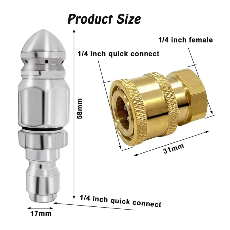 หัวฉีดเจ็ทสำหรับท่อน้ำทิ้ง5000PSI 2ชิ้นพร้อมข้อต่อตัวล้างด้วยแรงดันอุปกรณ์ทองเหลืองหัวต่อคอมพิวเตอร์1/4นิ้วเชื่อมต่อกับ NPT ตัวเมีย