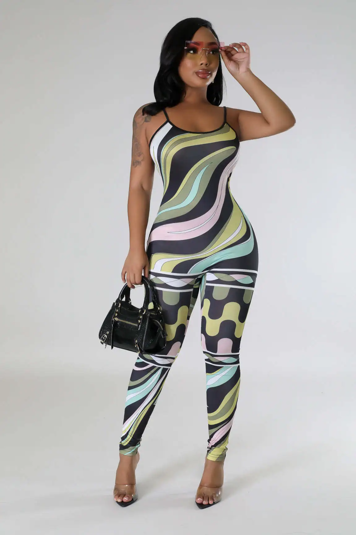 

M3215 Amazon cross-border European and American women's pants new fashion casual tight suspender printed jumpsuit