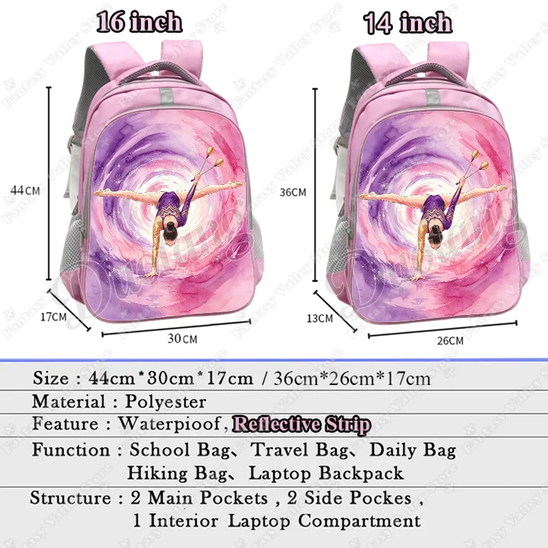 14/16 Inch Elegant Gymnastics Art Girls Pattern Backpack Artistic Gymnastics Gymnast School Bags for Teenager Women Girl Bookbag