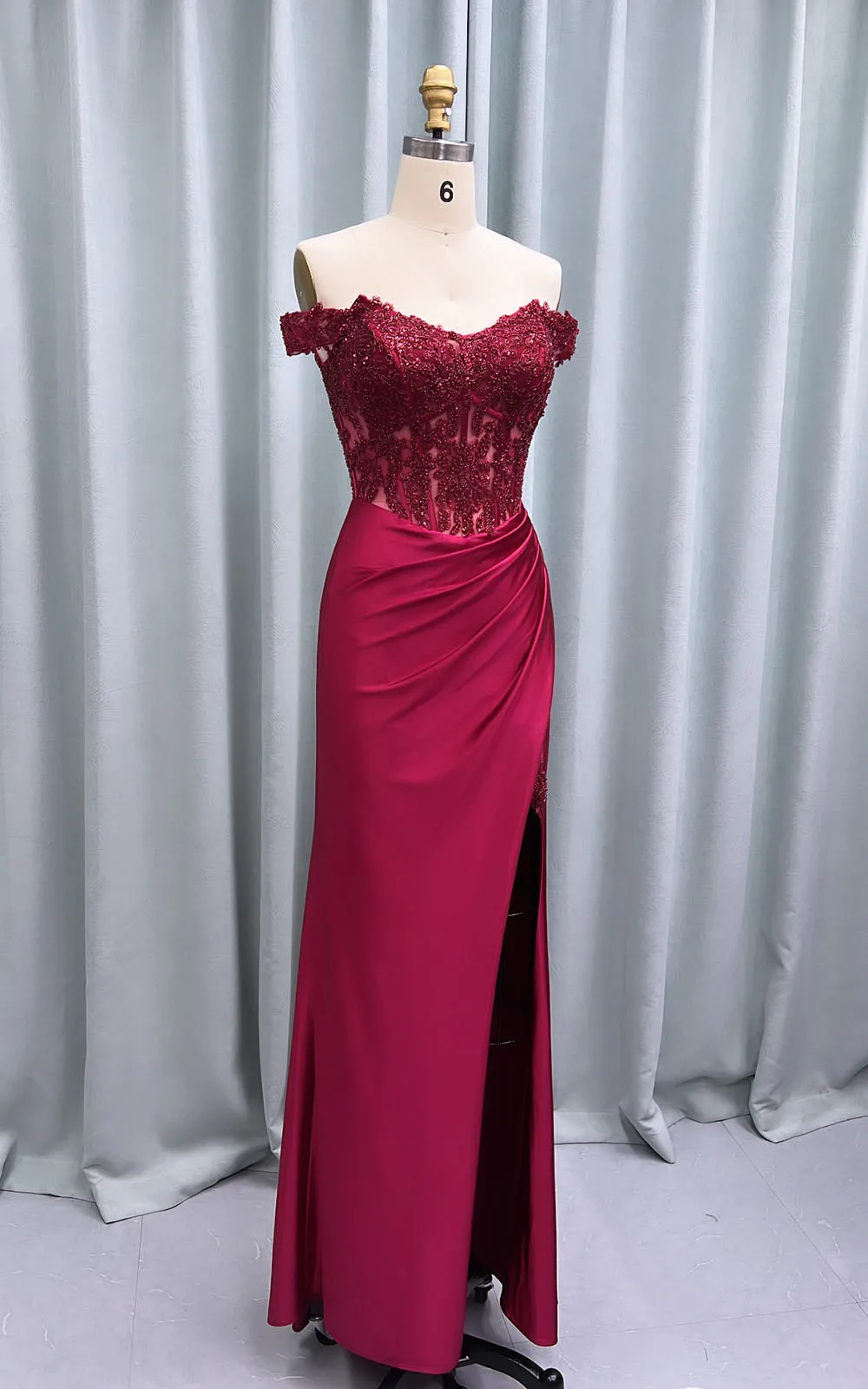 YQLNNE Sexy Off the Shoulder Slit Prom Dresses Long Mermaid Satin Beading Formal Evening Party Gown