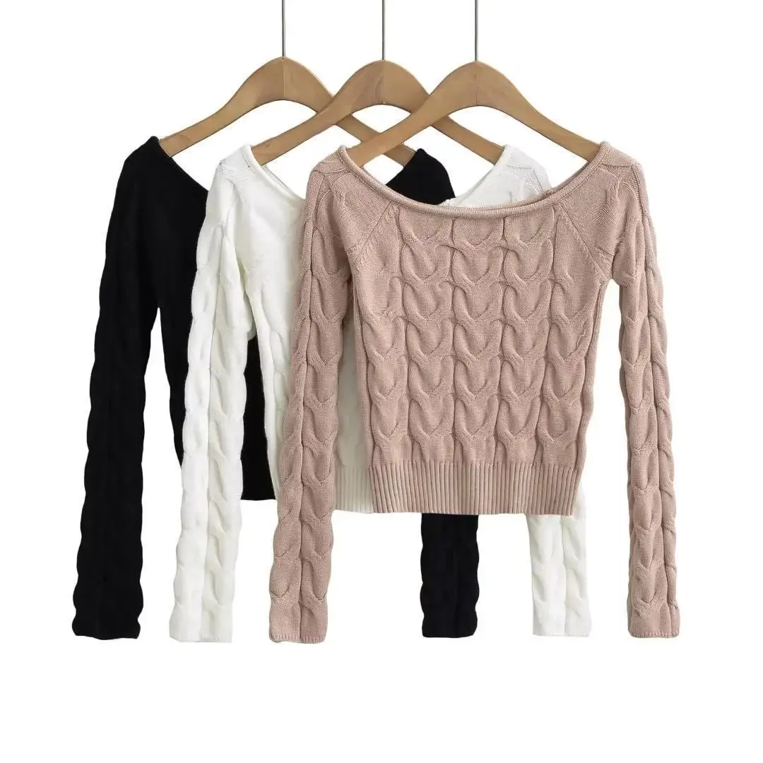 Sexy Off Shoulder Sweaters Women Long Sleeve Criss-cross Knitted Pullovers Solid Color