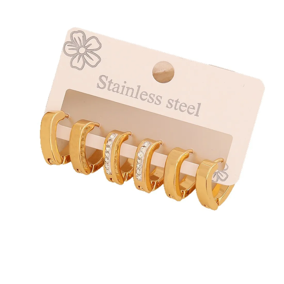 New Fashionable 3 Pairs Set Rhinestone Hoop Earrings, Light Luxury Titanium Steel Studs, Premium Versatile Ear Jewelry
