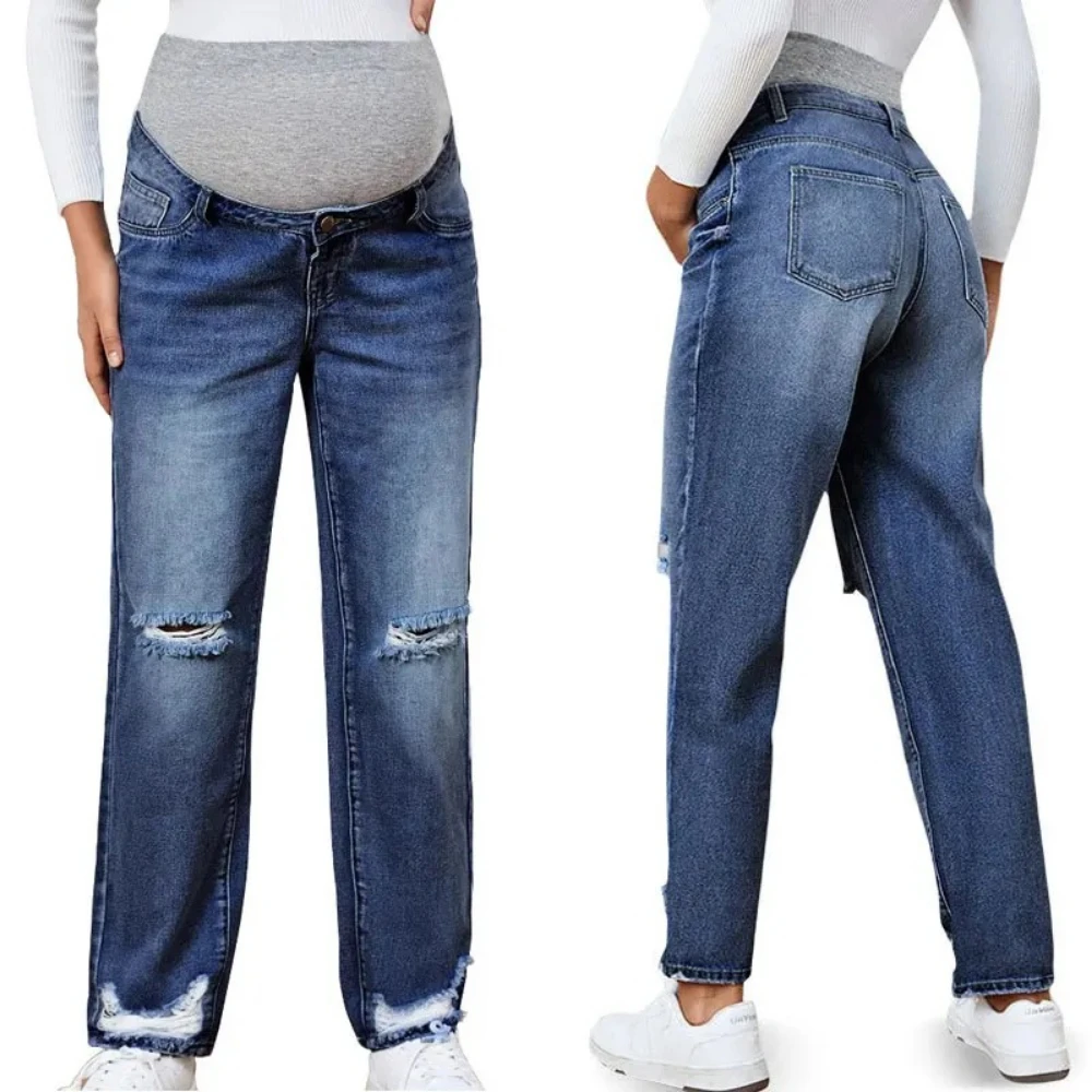 

Maternity High-waisted Jeans Straight Trousers Loose Elastic Spring and Autumn Casual Maternity Clothes Comfortable Fabric