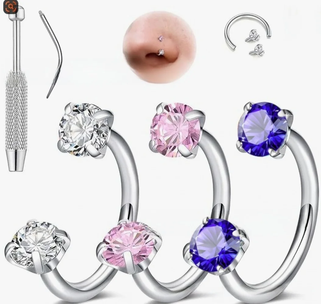 5-teiliges Set aus doppelköpfigen Zirkon-Nasenringen aus Edelstahl, Ohrringen, Lippenringen, Körperpiercing-Zubehör, hochwertig