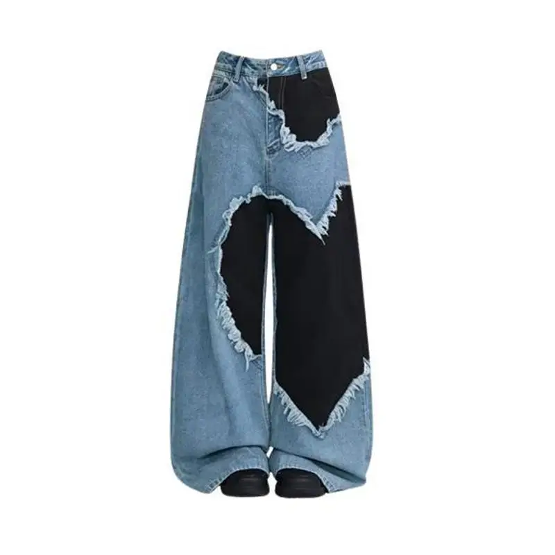 

Original Summer 2026 Wide Leg Vintage Denim Jeans Women's Patchwork Washed Hemline Love Heart Design Casual Straight Cut Trou...