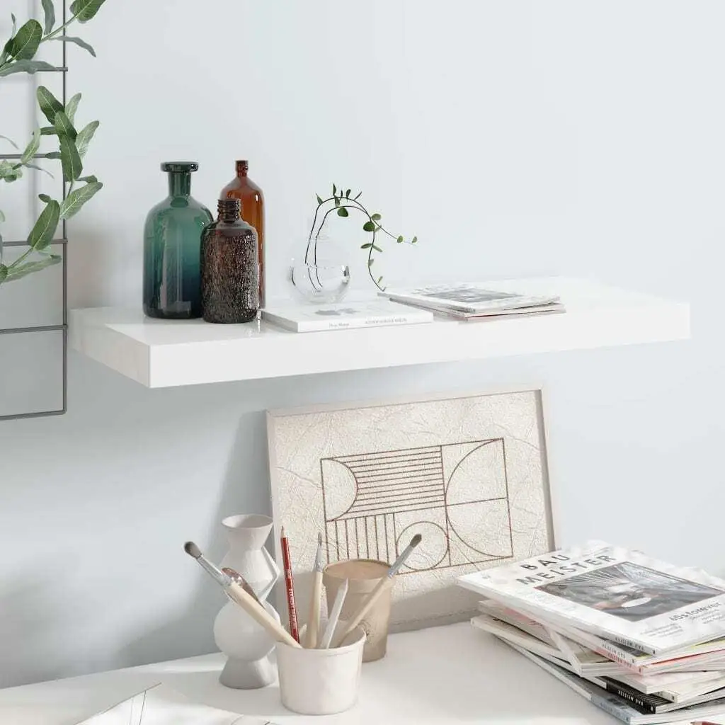 High Gloss White Floating Wall Shelf 60x23.5x3.8 cm MDF Storage Decor Shelf