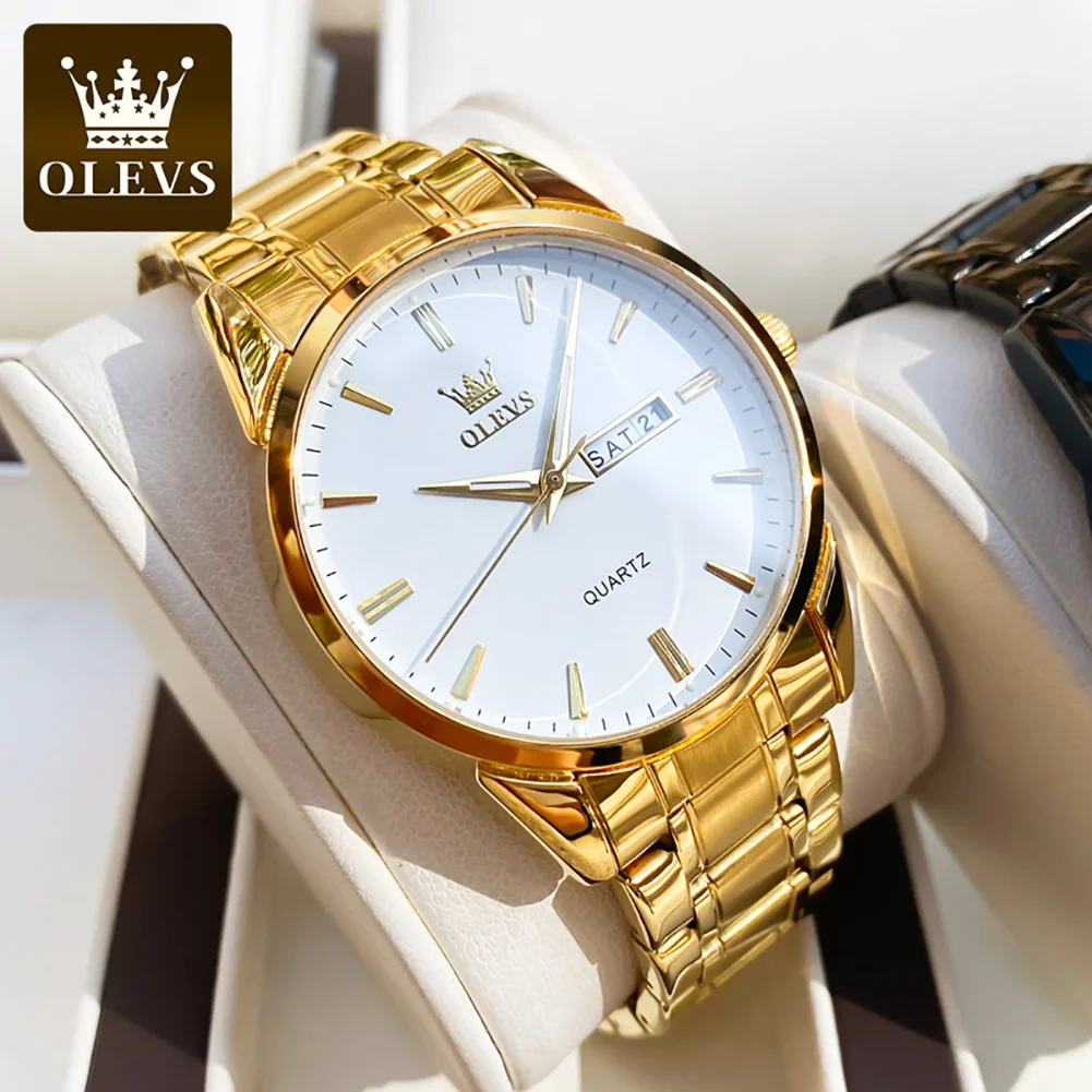 OLEVS Classic 6898 Men\'s Watches Gold Stainless steel Luminous Waterproof Dual Calendar Hand Clock Man Watch