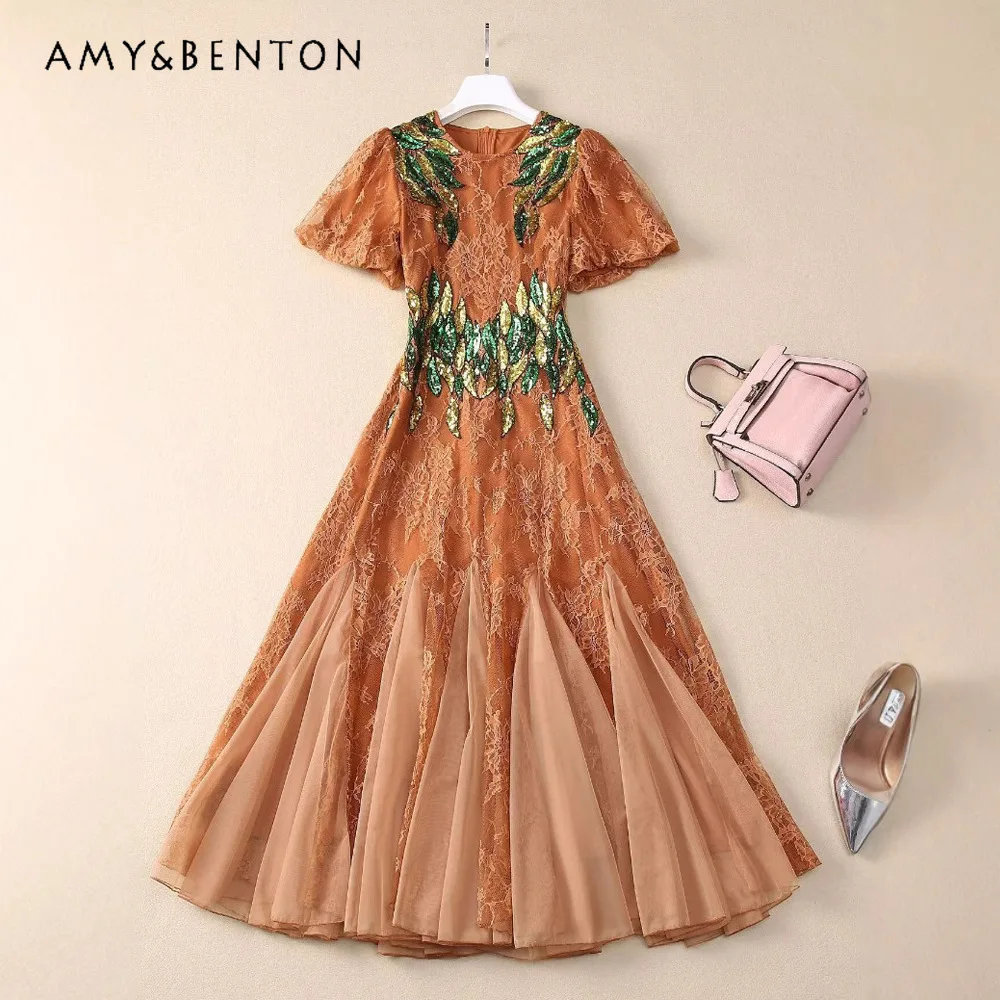 

2025 Summer Crew Neck Lace Bubble Sleeve Sequin Irregular Medium Long Lace Dress for Women High End Temperament Evening Dresses
