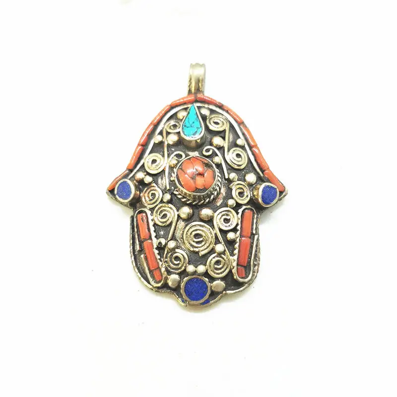 Buddha Hand Pendants Tibetan Ethnic Jewelry Buddhist Amulet Nepal Vintage Copper Inlaid Stone TBP305