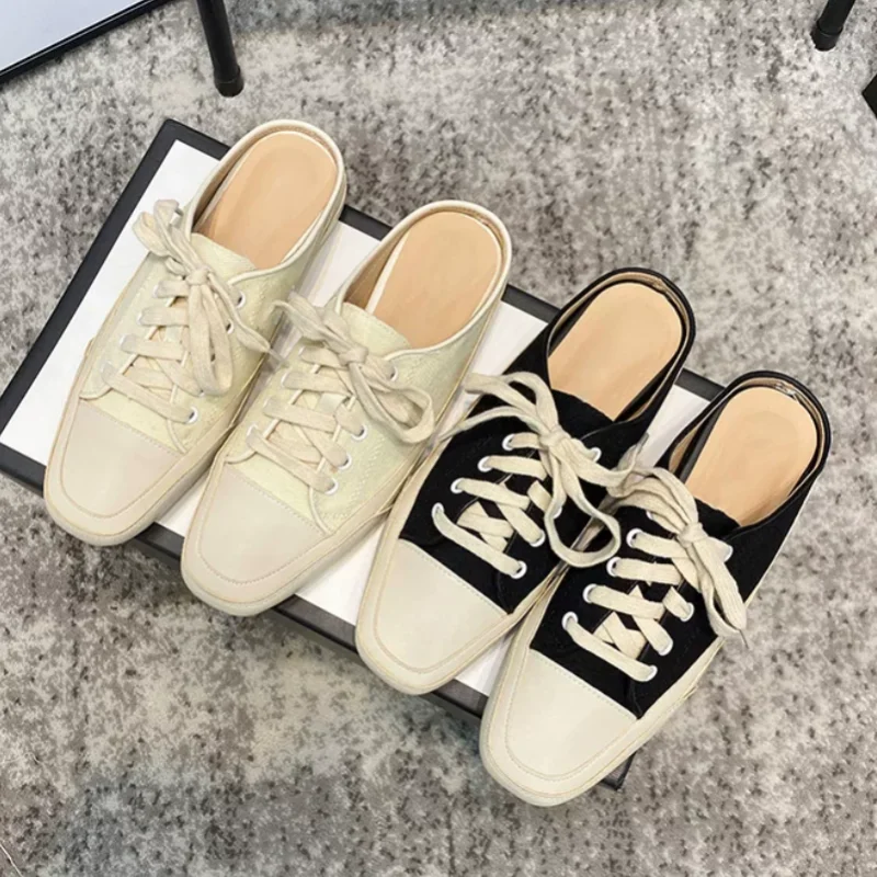 Crossover Strap Shoes for Womens Square Toes Flat Heels Mixed Colors Ladies Sewing Lines Zapatos Mujer Shallow Chassure Femme