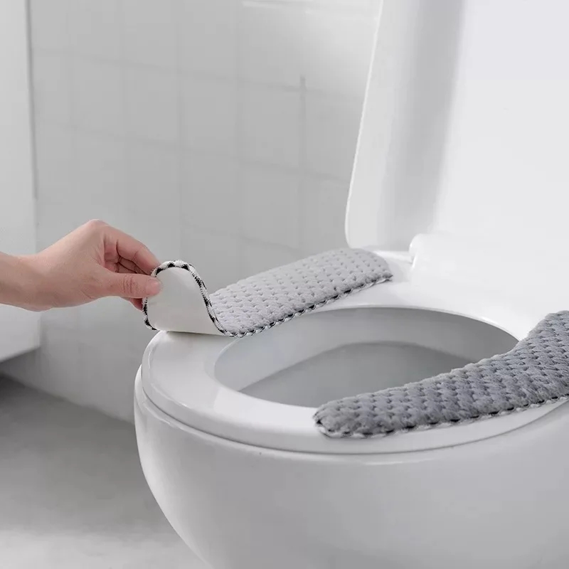 Winter Warm Toilet Seat Cover Closestool Mat Washable Bathroom Accessories Short Plush Pure Color Soft  shape Pad Toilet Seat